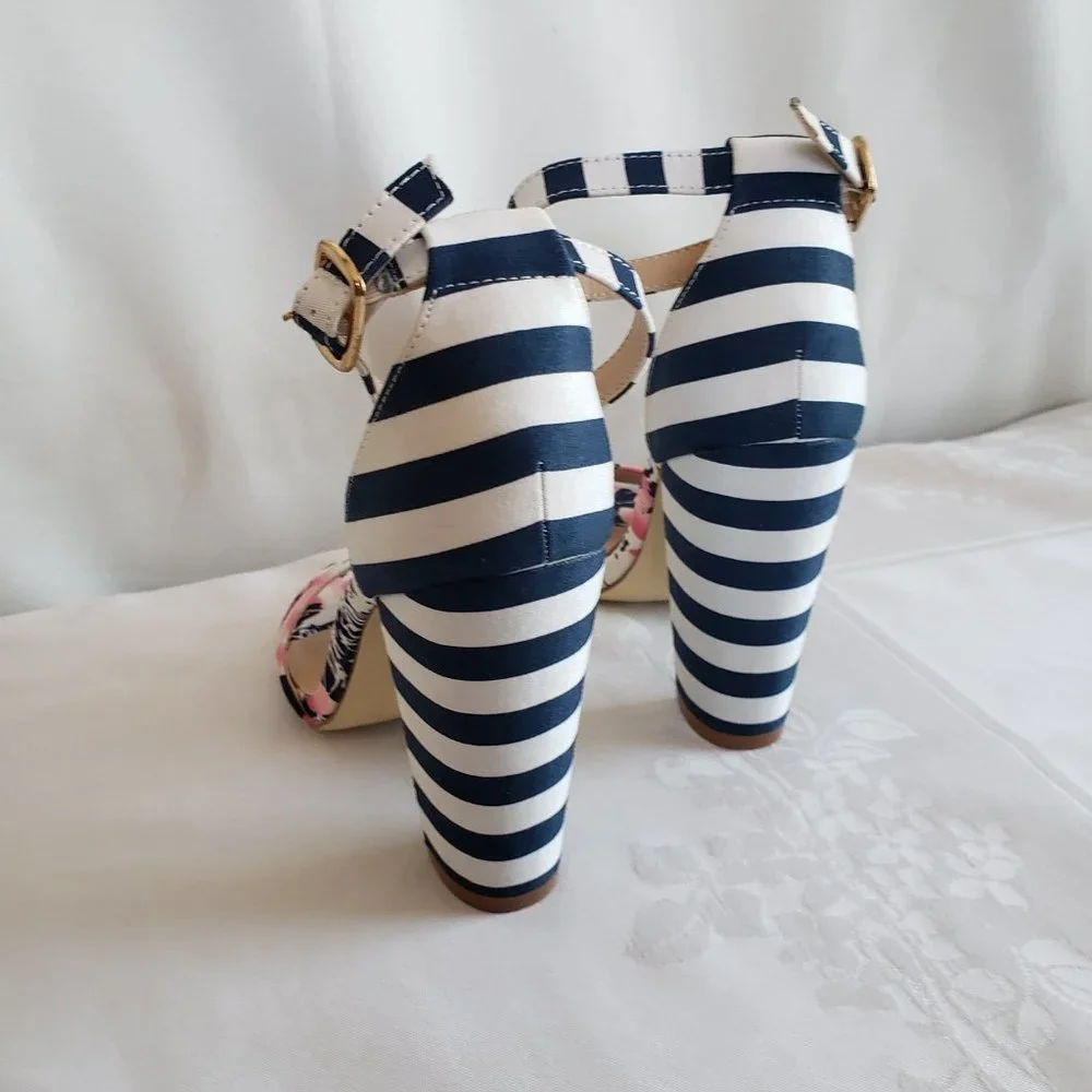 Size 7 JustFab Lena 4" Block heal sandal. Stripes and Floral.  Ankle strap. - Picture 8 of 12